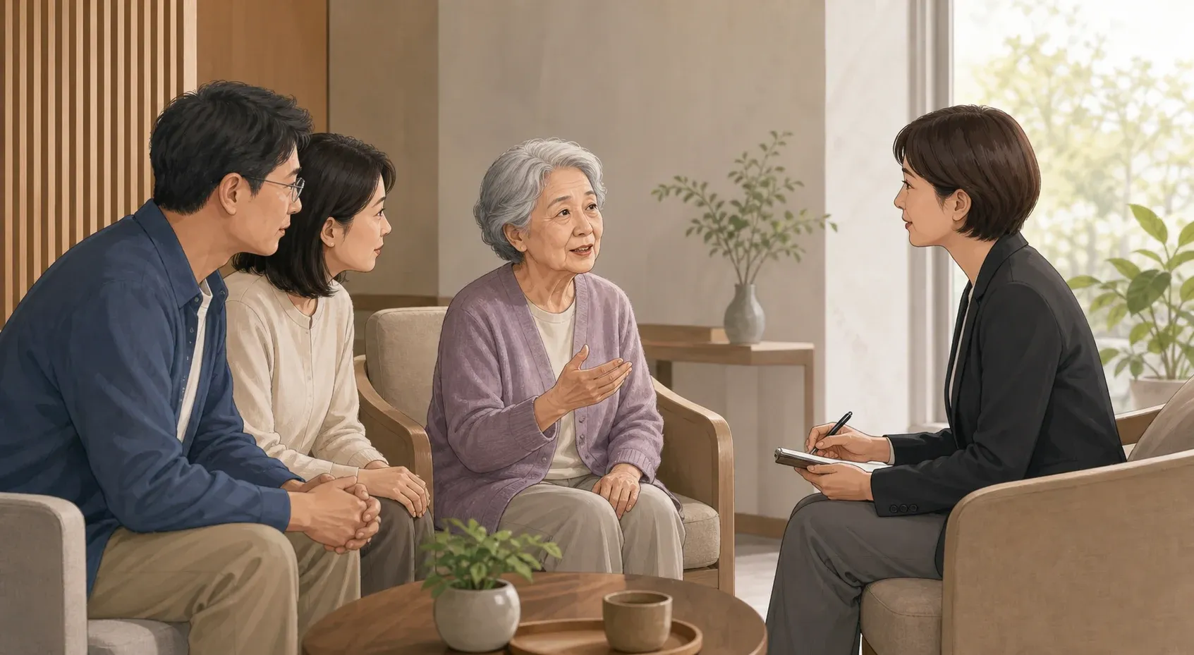 高齡本人在家屬陪同下向中立專業人士表達意願的溫暖插畫