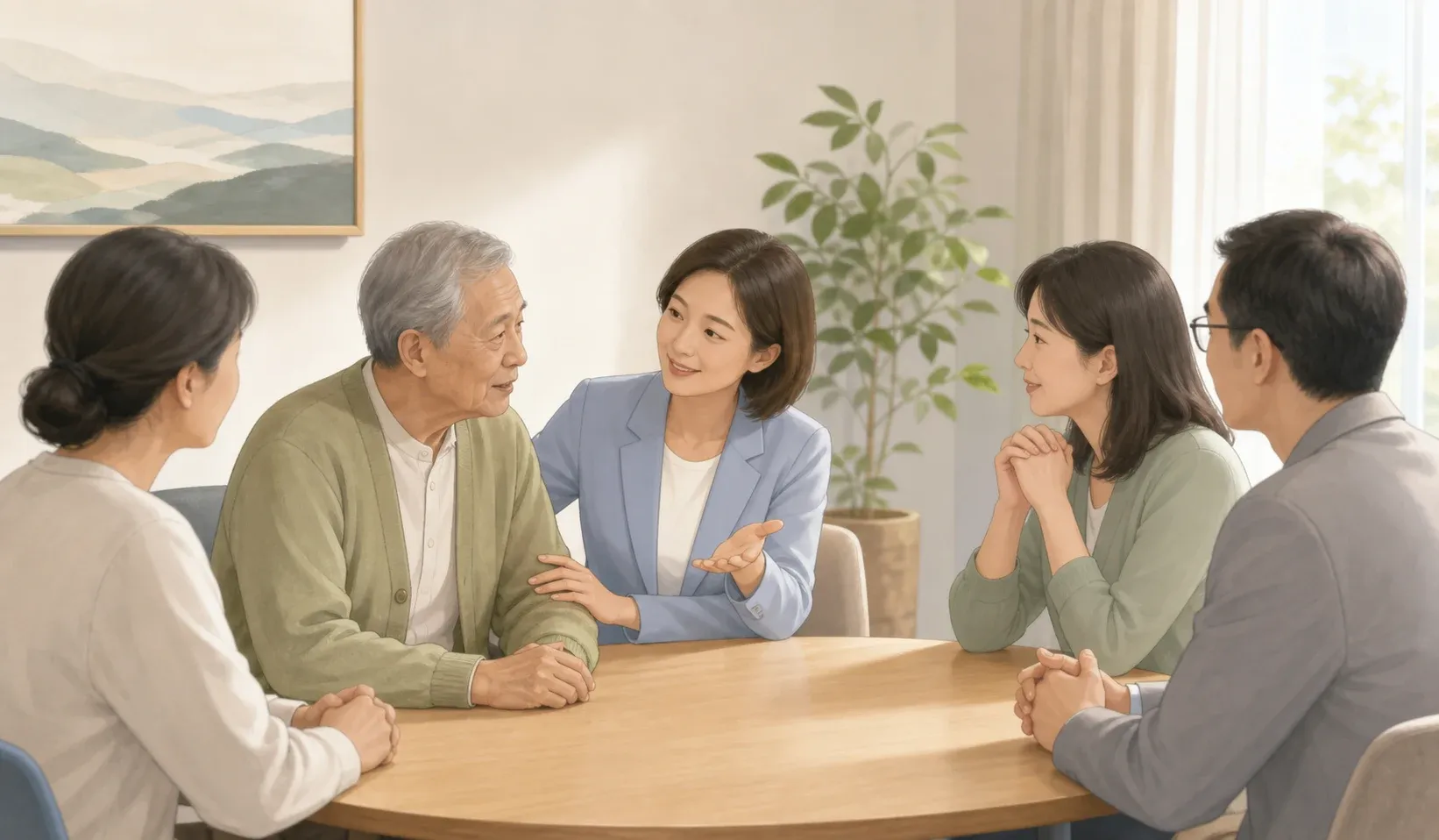 程序監理人在會談中支持高齡本人參與並協助溝通的插畫