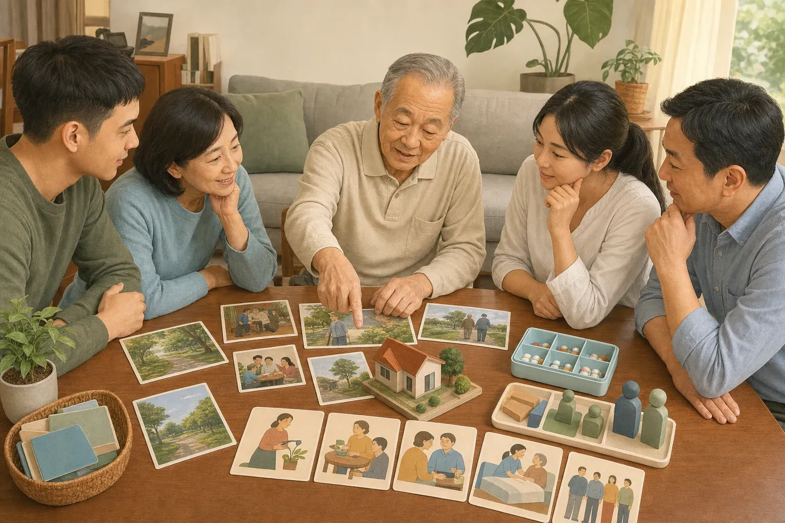 家屬在居家環境中陪伴高齡本人整理生活選擇與照護脈絡的插畫