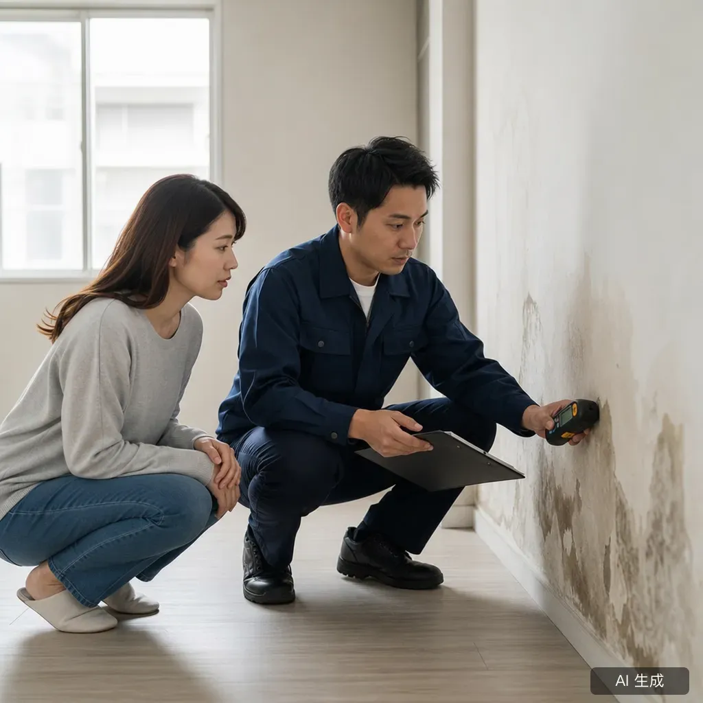 一名女子與檢測人員蹲在牆邊檢查潮濕發霉