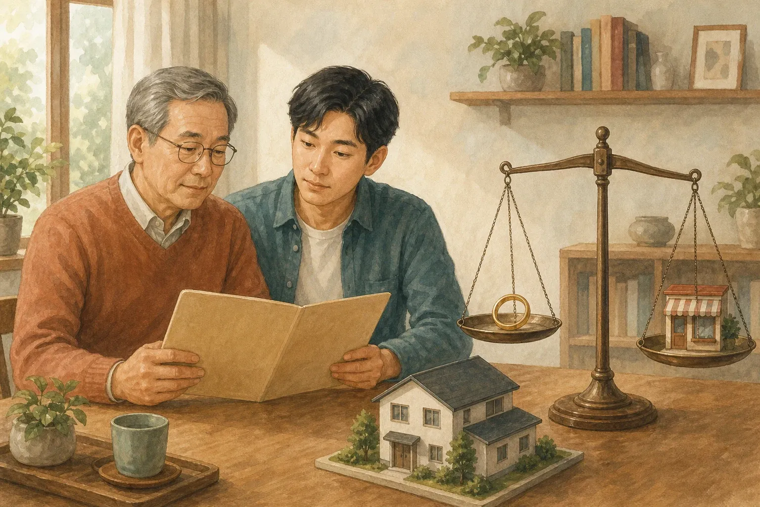 以房屋、婚姻與營業象徵說明特種贈與的插畫