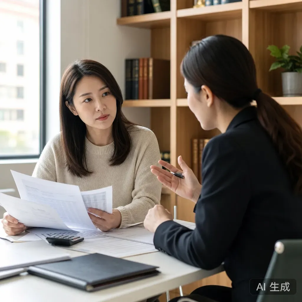 兩名女性在辦公桌前查看財務文件,其中一人正在說明內容
